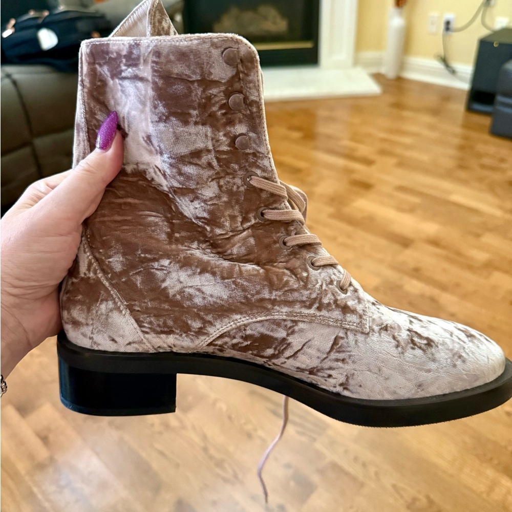 Pink Lace Up Boots with Rounded Toe and Low Block Heel